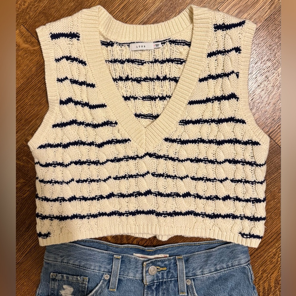 Cream and blue cropped sweater. NWOT. Size small.